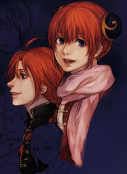  1boy abuto ahoge blue_eyes brother_and_sister bun_cover chinese_clothes commentary_request double_bun female gintama hair_bun kagura_(gintama) kamui_(gintama) open_mouth photoshop_(medium) red_hair siblings smile takasugi_shinsuke tatsuko_(chenzi) tsukuyo_(gintama) unfinished 