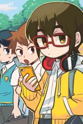  3boys bad_id bad_pixiv_id blue_eyes blue_sweater_vest brown_eyes brown_hair cellphone glasses hand_in_pocket headphones headphones_around_neck hood hoodie jitome looking_at_viewer male_focus multiple_boys phone red-framed_eyewear satou_shigeru seizei_ganbare!_mahou_shoujo_kurumi smartphone suzuki_kiyoshi sweatdrop sweater_vest takahashi_isamu tree tsunoji yellow_eyes yellow_hoodie 