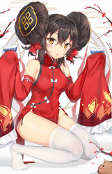  :o absurdres bare_shoulders black_hair blush boar bow bowl branch china_dress chinese_clothes commentary_request covered_navel detached_sleeves double_bun dress female flower frilled_sleeves frills ginn_(hzh770121) girls&#039;_frontline hair_between_eyes hair_bun hair_intakes hair_ribbon highres holding holding_bowl looking_at_viewer no_panties no_shoes official_alternate_costume open_mouth pelvic_curtain red_dress red_ribbon ribbon side_slit sidelocks sleeves_past_fingers sleeves_past_wrists solo squatting thighhighs thighs tight_clothes type_97_(girls&#039;_frontline) type_97_(peony)_(girls&#039;_frontline) white_bow white_thighhighs yellow_eyes 