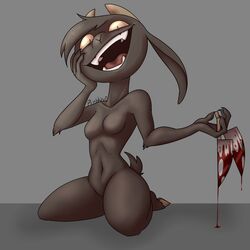  1:1 2018 anthro blood bodily_fluids bovid breasts caprine creepy_face digital_drawing_(artwork) digital_media_(artwork) female front_view fur goat hair holding_object holding_weapon looking_at_viewer mammal melee_weapon nude open_mouth plushkinn simple_background smile solo teeth tongue weapon 