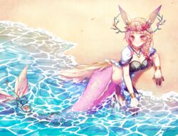  animal_ears antlers bare_arms beach blonde_hair bracelet braid breasts brown_eyes choker cleavage commentary commission crown english_commentary female flower gradient_hair green_eyes hair_flower hair_ornament head_wreath horns jewelry mermaid monster_girl multicolored_eyes multicolored_hair navel necklace neko-rina ocean orange_eyes original partially_submerged pink_hair rose solo water wreath yellow_eyes 