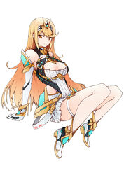  armor bad_id bad_pixiv_id bare_shoulders blonde_hair breasts cleavage commentary_request dress elbow_gloves female gloves headgear highres jewelry large_breasts long_hair looking_at_viewer mythra_(xenoblade) photoshop_(medium) q-pra simple_background smile solo white_background xenoblade_chronicles_(series) xenoblade_chronicles_2 yellow_eyes 