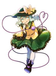  black_footwear black_hat chaba_(hortensia) commentary_request eyeball female frilled_shirt_collar frilled_skirt frilled_sleeves frills full_body green_eyes green_hair green_skirt hair_between_eyes hat hat_ribbon heart heart-shaped_pupils heart_of_string komeiji_koishi ribbon simple_background skirt solo symbol-shaped_pupils third_eye tongue tongue_out touhou wavy_hair white_background white_legwear wide_sleeves yellow_ribbon 