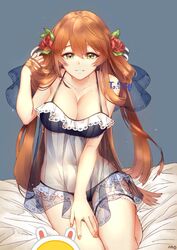  babydoll bare_shoulders blue_babydoll blue_panties blush breasts bridal_garter brown_hair cleavage collarbone female flower girls&#039;_frontline green_eyes hair_between_eyes hair_flower hair_ornament hair_ribbon hair_rings hand_in_own_hair hand_on_own_thigh highres ice_s_s_z large_breasts long_hair looking_at_viewer nail_polish on_bed panties parted_lips pink_nails protected_link ribbon see-through sidelocks sitting smile solo springfield_(girls&#039;_frontline) thighs underwear underwear_only veil yokozuwari 