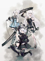  2b_(nier:automata) 3girls a2_(nier:automata) alpaca_carlesi asymmetrical_hair bandaged_arm bandages black_dress black_gloves boots braid commentary commission dress dual_wielding english_commentary feather-trimmed_sleeves flower gloves hair_flower hair_ornament hairband holding in-franchise_crossover kaine_(nier) kneeling long_hair looking_at_viewer mole mole_under_mouth multiple_girls nier nier:automata nier_(series) over_shoulder short_dress short_hair short_shorts shorts simple_background standing sword thigh_boots thighhighs time_paradox very_long_hair virtuous_treaty weapon weapon_over_shoulder white_hair 