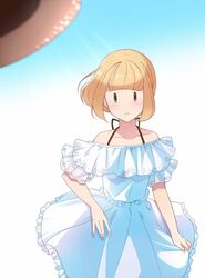  blonde_hair blouse blush casual commentary dress female hakka0320 off-shoulder_dress off_shoulder shirt short_hair third-party_source uchi_emiri watashi_ga_motenai_no_wa_dou_kangaetemo_omaera_ga_warui! |_| 