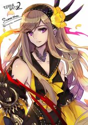  aoi_(kirabosi105) bare_shoulders brown_hair collarbone commentary_request elbow_gloves female flower gloves hair_flower hair_ornament hairband highres logo long_hair looking_at_viewer purple_eyes samatha_(terra_battle) solo terra_battle white_background 