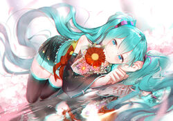  absurdly_long_hair aqua_eyes black_skirt black_thighhighs blue_hair blurry blush bouquet closed_mouth commentary_request depth_of_field detached_sleeves dutch_angle female flower hair_between_eyes hatsune_miku holding holding_bouquet light_smile long_hair looking_at_viewer lying on_side petals phino pleated_skirt reflection ripples sidelocks skirt smile solo thighhighs thighs twintails very_long_hair vocaloid 