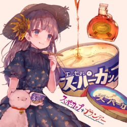  ahoge alcohol black_dress blue_eyes brandy cha_goma commentary_request dress feline female flower food hair_flower hair_ornament hat highres ice_cream liquor long_hair original tongue tongue_out 