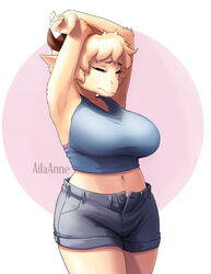  ailaanne big_breasts bovid breasts caprine closed_eyes clothed clothing domestic_sheep emily_(ailaanne) female mammal sheep solo stretching 