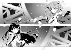  2girls aijou_karen commentary copyright_name crown dagger floating_hair greyscale hair_ornament hami_(lvct) holding holding_weapon jacket kagura_hikari knife long_hair mini_crown monochrome multiple_girls pelisse petals saber_(weapon) short_hair short_twintails shoujo_kageki_revue_starlight smile sparkle_hair_ornament star_(symbol) sword tokyo_tower twintails weapon 