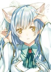  absurdres animal_ears arm_up ascot blue_hair blush cat_ears character_request collared_shirt commentary_request female flying_sweatdrops green_shirt hand_up highres light_smile long_hair looking_at_viewer parted_lips saijou_haruki shirt sidelocks simple_background smile solo uniform white_background yellow_eyes 