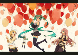  4girls :o anniversary aqua_hair balloon bare_arms bare_shoulders birthday black_thighhighs blonde_hair boots bow character_name closed_mouth commentary_request detached_sleeves english_text floating_hair green_hair grey_shirt hairbow hatsune_miku headphones kagamine_len kagamine_rin letterboxed long_hair long_skirt megurine_luka multiple_girls necktie open_mouth photoshop_(medium) pink_hair sailor_collar shirt short_hair shorts side_slit skirt sleeveless sleeveless_shirt smile thigh_boots thighhighs tomato_(lsj44867) twintails very_long_hair vocaloid white_bow white_shirt 