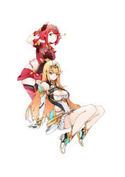  2girls armor bad_id bad_pixiv_id bare_shoulders blonde_hair breasts cleavage commentary_request covered_navel crotchless crotchless_pants dress earrings elbow_gloves fingerless_gloves gloves headgear highres jewelry large_breasts long_hair looking_at_viewer multiple_girls mythra_(xenoblade) one_eye_closed pants photoshop_(medium) pyra_(xenoblade) q-pra red_eyes red_hair red_shorts short_hair short_sleeves shorts shoulder_armor sidelocks simple_background smile swept_bangs tiara white_background xenoblade_chronicles_(series) xenoblade_chronicles_2 yellow_eyes 