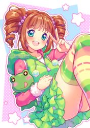  :d aqua_eyes ass blue_eyes blush brown_hair commentary drill_hair english_commentary feet_out_of_frame female frilled_skirt frills frog frog_girl green_skirt hood hoodie idol idolmaster idolmaster_(classic) jacket jumping long_sleeves looking_at_viewer multicolored_clothes multicolored_legwear neko-rina open_mouth panties pantyshot pastel_colors short_hair skirt smile solo star_(symbol) starry_background striped_clothes striped_thighhighs stuffed_animal stuffed_frog stuffed_toy takatsuki_yayoi thighhighs twin_drills twintails underwear v 