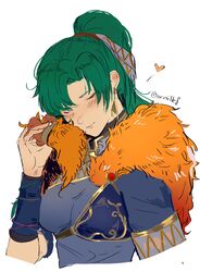  absurdres blush breasts commentary dress earrings english_commentary female fire_emblem fire_emblem:_the_blazing_blade fire_emblem_heroes green_eyes green_hair high_ponytail highres jewelry long_hair lyn_(brave_lady)_(fire_emblem) lyn_(fire_emblem) ormille ponytail smile solo very_long_hair 