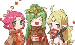  3girls :3 ahoge black_gloves blonde_hair box cape circlet cloak closed_eyes closed_mouth commentary_request facial_mark fae_(fire_emblem) fire_emblem fire_emblem:_mystery_of_the_emblem fire_emblem:_the_binding_blade fire_emblem_awakening fire_emblem_heroes forehead_mark gift gift_bag gift_box gloves green_eyes green_hair heart long_hair long_sleeves multiple_girls nowi_(fire_emblem) open_mouth pointy_ears ponytail purple_eyes purple_hair short_hair shunrai simple_background tiara tiki_(fire_emblem) tiki_(young)_(fire_emblem) white_background 