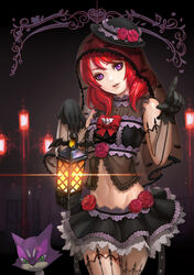  absurdres black_gloves black_hat black_skirt commentary_request detached_sleeves female flower gloves golbat hat highres holding holding_lantern lantern love_live! love_live!_school_idol_festival love_live!_school_idol_project medium_hair midriff navel nishikino_maki photoshop_(medium) pokemon pokemon_(creature) purple_eyes purrloin red_flower red_hair red_rose rose shaonav skirt thighhighs 