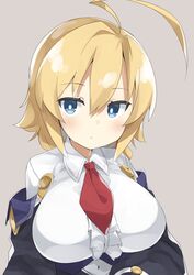  abarabone absurdres ahoge blazblue blonde_hair blue_eyes blush breasts closed_mouth collared_shirt commentary_request embryo es_(xblaze) expressionless female grey_background hair_between_eyes has_bad_revision has_downscaled_revision highres large_breasts looking_at_viewer md5_mismatch necktie red_necktie resolution_mismatch shirt short_hair simple_background solo source_smaller underbust upper_body white_shirt xblaze xblaze_code:_embryo 