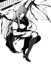  book breasts closed_mouth collared_shirt commentary_request demon_wings female full_body greyscale hair_between_eyes head_wings high_heels juliet_sleeves koakuma large_breasts lefthand long_hair long_sleeves looking_at_viewer monochrome necktie pantyhose puffy_sleeves shelf shirt sidelocks simple_background smile solo touhou very_long_hair white_background wings 