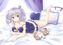  alternate_costume barefoot bed blush breasts cleavage closed_mouth commentary_request curtains female frilled_pillow frills full_body grey_hair hat heart heart-shaped_pillow indoors kantai_collection kashima_(kancolle) large_breasts lying nightgown on_bed on_stomach peaked_cap pillow polka_dot_pillow purple_eyes smile solo strap_slip stuffed_animal stuffed_toy teddy_bear twintails uniform window yoshikita_popuri 