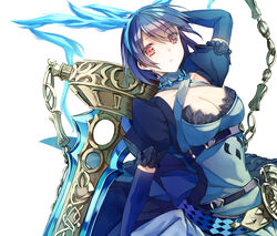  alice_(sinoalice) arm_up belt blue_dress blue_gloves blue_hair breasts cleavage commentary_request dress elbow_gloves female gloves highres holding holding_sword holding_weapon large_breasts looking_at_viewer parted_lips photoshop_(medium) puffy_short_sleeves puffy_sleeves red_eyes saijou_haruki short_hair short_sleeves sidelocks simple_background sinoalice solo sword upper_body weapon white_background 