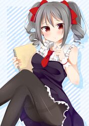  ashino bare_arms bare_shoulders black_pantyhose blush bow breasts commentary_request crossed_legs diagonal_stripes dress drill_hair drop_shadow female frilled_dress frills furrowed_brow grey_hair hairbow holding idolmaster idolmaster_cinderella_girls kanzaki_ranko looking_at_viewer medium_hair necktie notebook pantyhose red_bow red_eyes red_necktie short_necktie sitting solo striped thighband_pantyhose twin_drills wing_collar wrinkled_fabric wrist_cuffs 