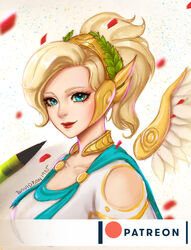  alternate_costume aqua_eyes artist_name blonde_hair breasts collarbone david_pan dress eyelashes feathered_wings graphite_(medium) head_wreath heart high_ponytail large_breasts laurel_crown lips looking_at_viewer looking_to_the_side mechanical_pencil mechanical_wings mercy_(overwatch) nose overwatch pencil photo portrait red_lips signature simple_background smile solo toga traditional_media white_background white_dress winged_victory_mercy wings yellow_wings 