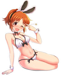  ;d abe_nana animal_ears arm_support bikini blush bow bow_bikini bowtie breasts brown_eyes brown_hair cleavage commentary_request covered_nipples detached_collar eyeliner fake_animal_ears female full_body hairband idolmaster idolmaster_cinderella_girls legs_together makeup medium_breasts momoda_yasuhito navel nose_blush one_eye_closed open_mouth orange_hair playboy_bunny_swimsuit ponytail rabbit_ears ribbon short_hair sidelocks simple_background sitting smile solo string_bikini sweat swimsuit thigh_gap v white_background white_bikini wrist_cuffs yokozuwari 