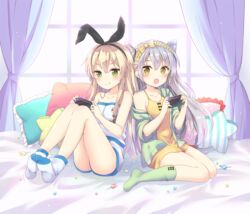  2girls :o :q alternate_costume amatsukaze_(kancolle) bare_shoulders black_ribbon blonde_hair blush candy closed_mouth collarbone commentary_request curtains cushion dress food full_body green_eyes green_legwear grey_hair hair_ribbon hairband handheld_game_console highres holding hood hoodie kantai_collection lollipop long_hair loungewear multiple_girls no_shoes off_shoulder open_clothes open_hoodie open_mouth playing_games ribbon shimakaze_(kancolle) shirt shorts sitting sleeveless sleeveless_shirt smile socks tongue tongue_out two_side_up v-shaped_eyebrows very_long_hair white_legwear white_shirt white_shorts window yellow_dress yellow_eyes yoshikita_popuri 