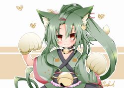  animal_ears animal_hands bad_id bad_pixiv_id bell blush cat_ears cat_tail choker closed_mouth commentary_request cowboy_shot female flower_knight_girl gloves green_hair green_kimono green_tail hair_ornament hairclip heart high_ponytail japanese_clothes jingle_bell kasagland kemonomimi_mode kimono long_hair looking_at_viewer neck_bell paw_gloves ponytail red_eyes sankaku_saboten_(flower_knight_girl) signature smile solo tail white_gloves 