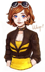  animification arm_behind_back avengers_(series) avengers_academy blue_eyes breasts brown_hair cleavage commentary_request female goggles goggles_on_head highres jacket janet_van_dyne marvel medium_breasts photoshop_(medium) smile solo tatsuko_(chenzi) upper_body wasp_(marvel) 