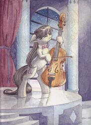  2013 black_hair bow_(feature) bow_(stringed_instrument) bow_tie bowed_string_instrument cello cutie_mark detailed_background equid equine female feral friendship_is_magic fur grey_body grey_fur hair hasbro hi_res hooves horse inside long_hair mammal musical_instrument my_little_pony night octavia_(mlp) playing_music pony purple_eyes solo star string_instrument the-wizard-of-art traditional_media_(artwork) window 