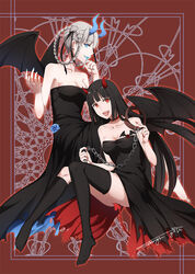  :d alternate_costume aqua_eyes aqua_lipstick aqua_nails bangs bare_arms bare_shoulders barefoot black_hair black_legwear black_wings blue_flower blue_horns blue_rose blunt_bangs braid breasts brown_collar chains choker cleavage collar collarbone commentary_request demon_girl demon_horns demon_tail demon_wings dress earrings eyebrows_visible_through_hair femdom flower grey_hair hair_rings highres hime_cut holding holding_collar horns invisible_chair jabami_yumeko jewelry kakegurui kneehighs large_breasts leash lipstick long_dress long_hair looking_at_viewer makeup medium_breasts mismatched_legwear momobami_kirari multiple_girls nail_polish nape no_bra open_mouth parted_lips profile red_background red_choker red_eyes red_horns red_lipstick red_nails red_tail rose sanriyueguyun sideboob single_kneehigh single_thighhigh sitting smile strapless strapless_dress tail taut_clothes taut_dress thighhighs twin_braids very_long_hair wings 