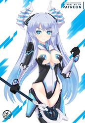  blue_eyes blue_hair blush breasts cleavage commentary_request cowboy_shot female gradient_hair hair_between_eyes hair_ornament helvetica_std highres holding holding_staff horns kiseijou_rei_(goddess_form) large_breasts leotard long_hair looking_at_viewer multicolored_hair neptune_(series) patreon_username smile solo staff standing symbol-shaped_pupils 