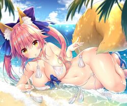  animal_ear_fluff animal_ears bikini bikini_top_only blue_bow blue_sky blush bow breasts cleavage cloud cloudy_sky collarbone commentary day fate/extra fate_(series) female fox_ears fox_girl fox_shadow_puppet fox_tail front-tie_top hairbow horizon large_breasts long_hair looking_at_viewer lying micro_bikini mouth_hold navel ocean official_alternate_costume on_side outdoors palm_tree pink_hair sasorigatame see-through shiny_skin sky swimsuit tail tamamo_(fate) tamamo_no_mae_(fate/extra) tamamo_no_mae_(sexy_bikini)_(fate) tassel thighs tree twintails untied_bikini wet white_bikini yellow_eyes 