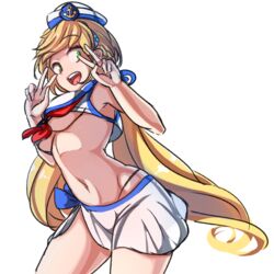  aduare bad_id bad_pixiv_id blonde_hair breasts crusaders_quest female green_eyes hat long_hair looking_away medium_breasts navel open_mouth red_ribbon ribbon sailor sailor_collar sailor_hat skirt smile solo teresa_(crusaders_quest) thong underboob v white_background 