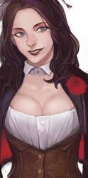  black_lips blue_eyes breasts cleavage commentary_request corset dc_comics detached_collar eyeliner female jacket justice_league large_breasts lipstick makeup photoshop_(medium) purple_hair smile solo tatsuko_(chenzi) upper_body zatanna_zatara 