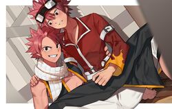  2boys barefoot blush fairy_tail feet goggles male_focus multiple_boys natsu_dragneel pink_hair scarf selfcest sitting smile straddling teeth toes yaoi yaowu 