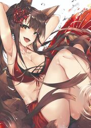  :d akagi_(azur_lane) akagi_(paradise_amaryllis)_(azur_lane) animal_ears armpits arms_behind_head azur_lane bikini blush breasts brown_hair bubble cleavage collarbone commentary_request fangs female fox_ears fox_tail highres knees_up large_breasts light_particles long_hair looking_at_viewer multiple_tails official_alternate_costume open_mouth red_bikini red_eyes red_sarong ripples sarong smile solo swimsuit tail thighs tuxedo_de_cat water_drop 