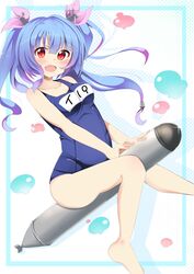  :d aqua_border arched_back ashino bare_arms bare_legs bare_shoulders barefoot blue_hair blunt_bangs blush border breasts character_name collarbone commentary_request dot_nose female hair_between_eyes head_tilt i-19_(kancolle) kantai_collection legs light_blue_hair long_hair looking_at_viewer name_tag oerba_yun_fang open_mouth outside_border red_eyes school_swimsuit smile solo straddling swimsuit 