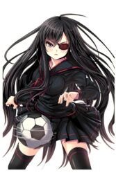  ahoge ball black_hair black_skirt bora_(soccer_spirits) eyepatch female grey_eyes highres imageboard_desourced long_hair looking_at_viewer non-web_source official_art reason_(ficafe) skirt soccer_ball soccer_spirits solo standing transparent_background 