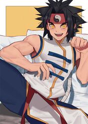  1boy bed beyblade black_hair kon_rei male_focus open_mouth pillow short_hair sitting sleeveless smile solo tongue yellow_eyes 