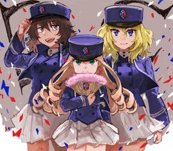  adjusting_hair andou_(girls_und_panzer) bad_id bad_twitter_id bc_freedom_(emblem) bc_freedom_military_uniform blonde_hair blue_eyes bouquet brown_eyes brown_hair confetti dark-skinned_female dark_skin drill_hair emblem flower girls_und_panzer green_eyes hair_between_eyes hat highres long_hair marie_(girls_und_panzer) oshida_(girls_und_panzer) painterly skirt smile tamawo_(mu_gi2) white_skirt 