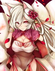  animal_ears breasts china_dress chinese_clothes cleavage cleavage_cutout clothing_cutout commentary_request dress female floral_print flower flower_knight_girl fox_ears fox_tail grey_hair hair_flower hair_ornament higanbana_(flower_knight_girl) large_breasts long_hair looking_at_viewer multiple_tails name_connection object_namesake petals red_eyes red_flower smile solo spider_lily suzume_(simple0091) tail wide_sleeves 