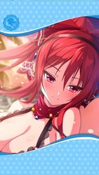  artist_request blush bow breasts cleavage female framed_image hairband hairbow head_on_own_shoulder highres huge_breasts jewelry long_hair necklace official_art palm_tree phantom_of_the_kill ponytail red_eyes red_hair shekinah_(phantom_of_the_kill) smile tree 