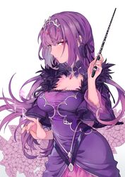  bad_id bad_twitter_id breasts cleavage commentary_request cowboy_shot dress expressionless fate/grand_order fate_(series) female floral_background flower fur_trim hair_between_eyes headpiece highres holding holding_wand hydrangea jewelry large_breasts long_hair looking_at_viewer platinum_(o0baijin0o) purple_dress purple_hair purple_theme red_eyes runes scathach_(fate) scathach_skadi_(fate) solo tiara wand white_background 