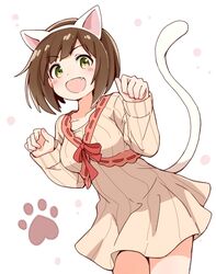  :d animal_ears blush breasts brown_dress brown_hair brown_jacket cat_ears cat_girl cat_tail commentary_request dress fake_animal_ears female green_eyes hairband idolmaster idolmaster_cinderella_girls jacket long_sleeves looking_at_viewer maekawa_miku medium_breasts oerba_yun_fang open_mouth ribbed_dress ribbed_jacket ribbon_trim short_hair sleeves_past_wrists smile solo tadanoshi_kabane tail tail_raised v-shaped_eyebrows white_background white_hairband 