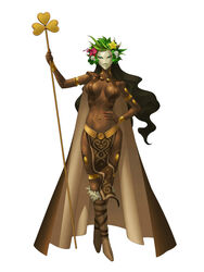  boots breasts brown_footwear brown_skirt cape clover commentary danu dark-skinned_female dark_skin doi_masayuki female flower fur_trim green_eyes hair_flower hair_ornament hand_on_own_hip highres holding long_hair mask medium_breasts nail_polish navel_piercing official_art pelvic_curtain piercing plant_hair red_nails shamrock shin_megami_tensei shin_megami_tensei_iv shin_megami_tensei_iv_final skirt solo staff standing topless 