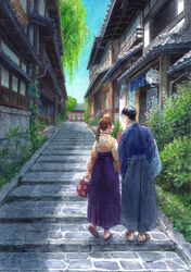  1boy architecture ayase_chihaya bad_id bad_pixiv_id bag black_hair brown_hair building bush chihayafuru east_asian_architecture female floral_print from_behind full_body glasses hakama hakama_skirt japanese_clothes kimono lantern looking_at_another misoka_(0) open_mouth outdoors painting_(medium) paper_lantern ponytail profile sandals short_hair skirt stairs talking traditional_media tree walking wataya_arata watercolor_(medium) wide_sleeves wind_chime 